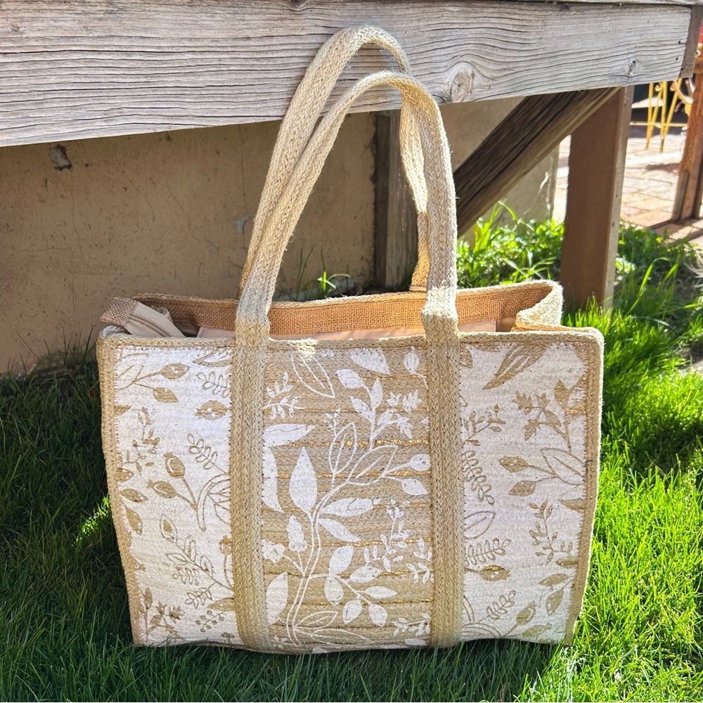 Jute Shoulder Floral Bag Beige NWT - Picture 15 of 16